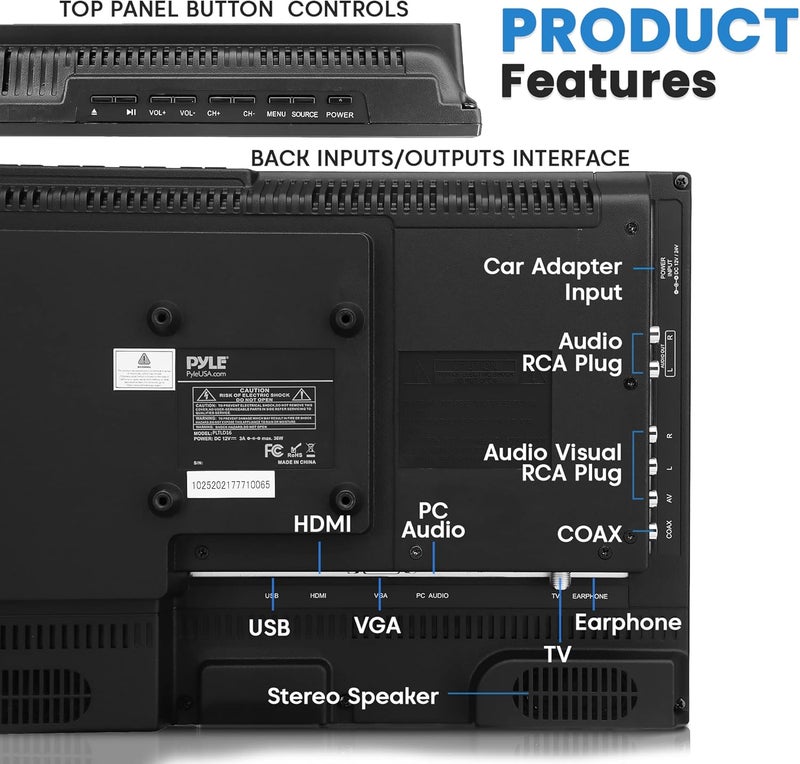 Pyle تلفاز LED مسطح 15.6 بوصة، تلفاز صغير بدقة 1080 بكسل للسيارات، المنازل، وRV، HDMI، RCA، مجموعة DVD مدمجة، محول 12/24 فولت، تلفاز قابل للتعليق على الحائط مع جهاز تحكم عن بعد، متوافق مع ماك وPC، شاشة رفيعة، أسود - Image 5